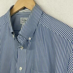 LL BEAN Shirt Men 15.5 Wrinkle Resistant Striped Short Sleeve Cotton Blue